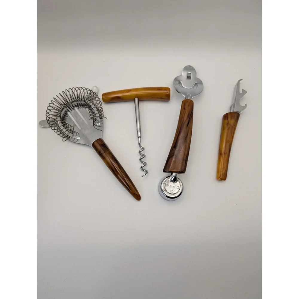 Vintage Bakelite 4 piece Barware Set Cocktail‎ Strainer Corkscrew Bottle Opener